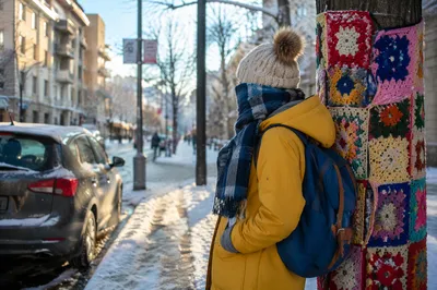 Winter Traveler Beside Parked Car in City