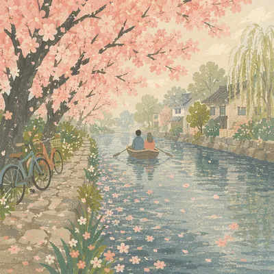 Cherry Blossom Canal Spring Morning Journey