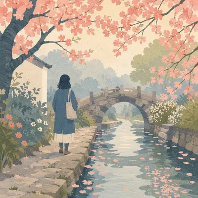 Serene Cherry Blossom Canal Morning Walk