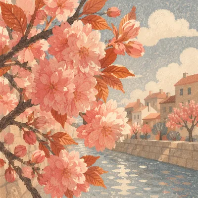 Cherry Blossom Canal in Spring Morning