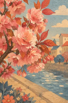 Cherry Blossoms Over Quiet Spring Canal