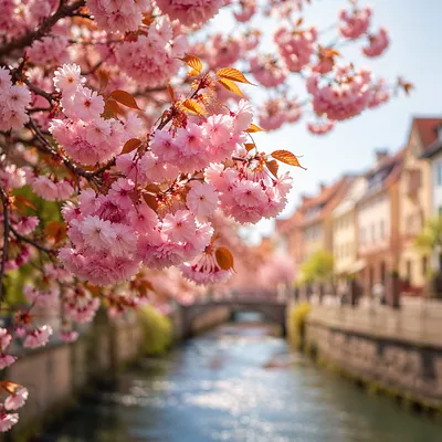 Cherry Blossoms Over Quiet Spring Canal