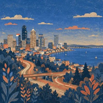 Blue Hour Waterfront City Skyline Panorama
