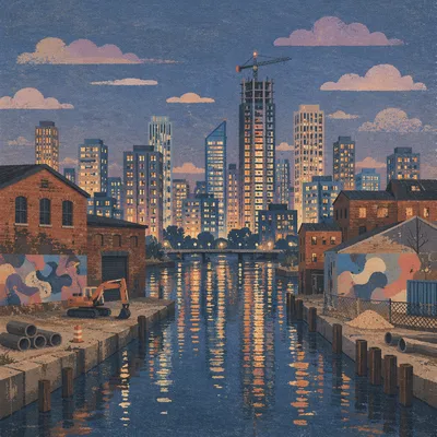 Blue Hour City Skyline Canal Panorama