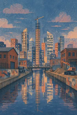 Blue Hour City Skyline Canal Panorama
