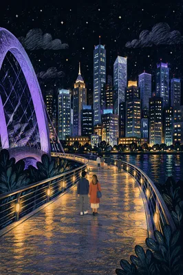 Night City Skyline From Curving Bridge