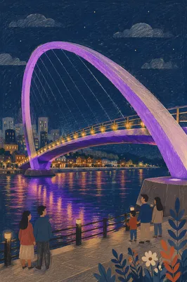 Violet Waterfront Skyline With Arched Bridge
