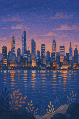 Blue Hour Waterfront City Skyline Panorama
