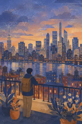 Contemplative Traveler Over Blue Hour City Skyline