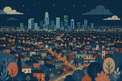 Glowing Night City Skyline Panorama