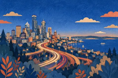 Blue Hour Waterfront City Skyline Panorama