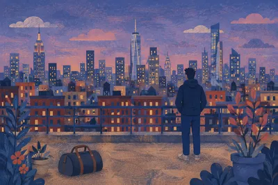 Blue Hour City Skyline Rooftop View