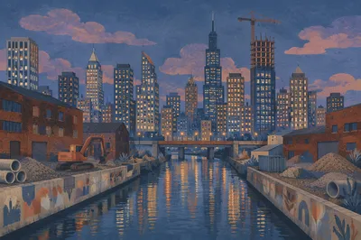 Blue Hour City Skyline Canal Panorama