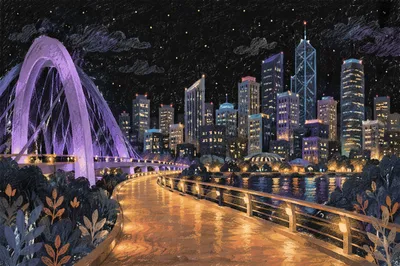 Night City Skyline from Curving Pedestrian Bridge