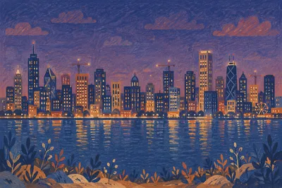 Blue Hour Waterfront City Skyline Panorama