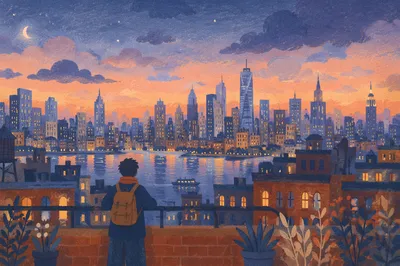 Contemplative Traveler Over Blue Hour Skyline