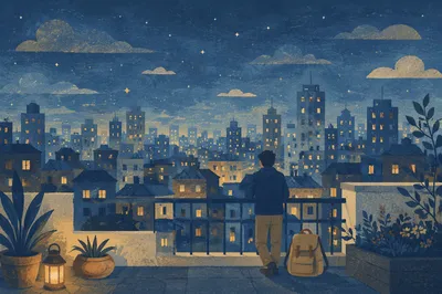 Blue Hour Traveler Over City Skyline