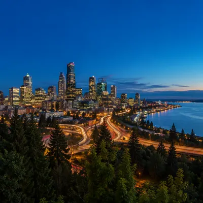 Blue Hour Waterfront City Skyline Panorama