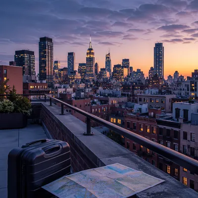 Blue Hour City Skyline from Rooftop Terrace