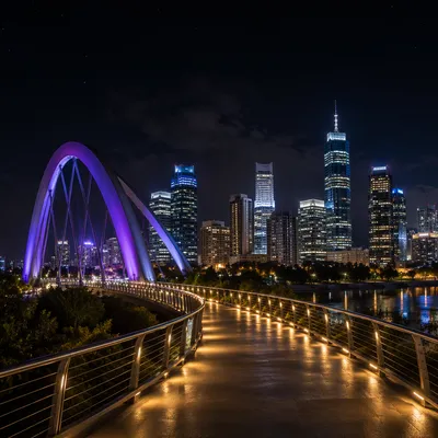 Night City Skyline from Curving Bridge