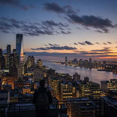 Contemplative Traveler Over Blue Hour Skyline