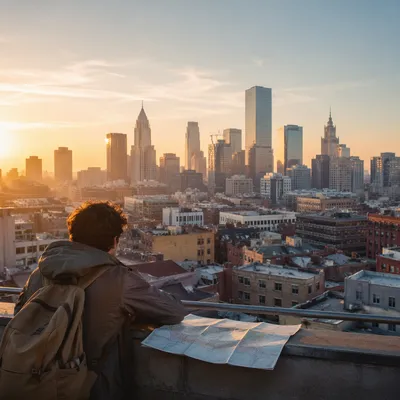 Dawn Traveler Overlooking Modern City Skyline