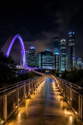 Nighttime City Skyline From Curving Pedestrian Bridge