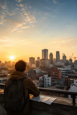 Dawn Rooftop View of Modern City Skyline
