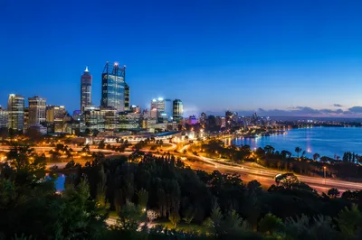 Blue Hour Waterfront City Skyline Panorama