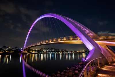 Nighttime Urban Waterfront Bridge Panorama