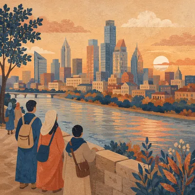Golden Hour City Skyline Riverside Panorama