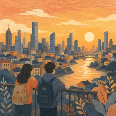 Golden Hour City Skyline Riverside Panorama