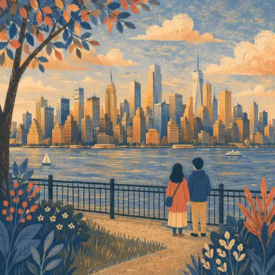 Golden Hour City Skyline Over River