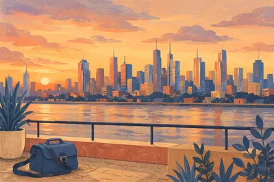 Golden Hour City Skyline River Panorama