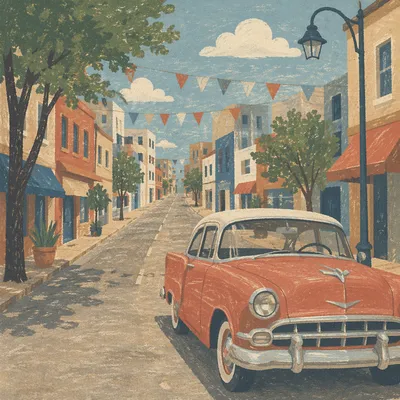 Red Classic Car on Quiet City Road