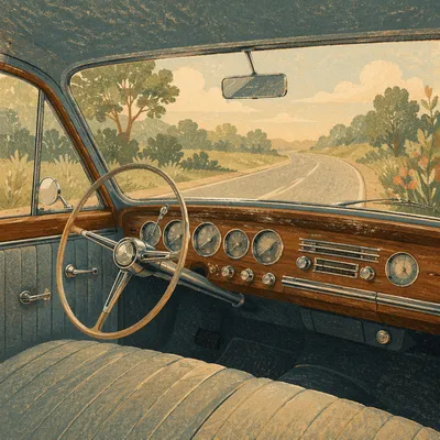 Vintage Car Interior on Quiet Country Road