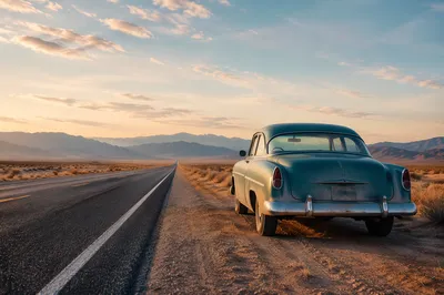 Classic Vintage Car on Desert Highway
