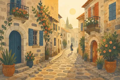 Morning Light on Old European Cobblestone Street