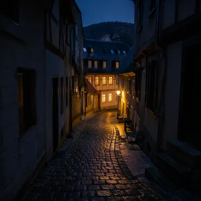 Blue Hour Cobblestone Street in Old Europe