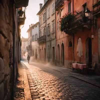 Morning Light on Old European Cobblestone Street