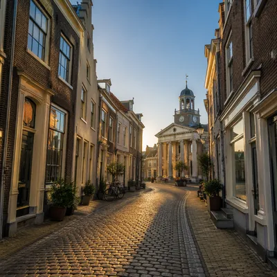 Morning Light on Old European Cobblestone Street