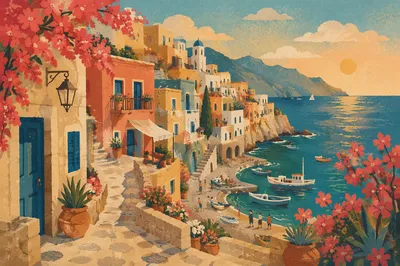 Sunlit Mediterranean Village Above Teal Harbor