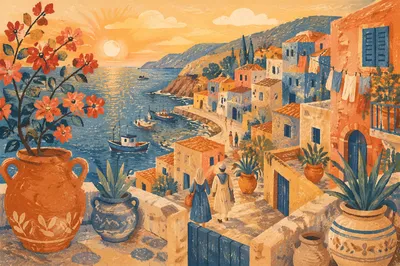 Golden Hour Mediterranean Coastal Village Scene