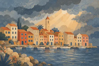 Colorful Mediterranean Coastal Village at Harbor