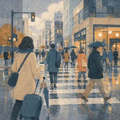 Busy Downtown Crosswalk After Morning Rain