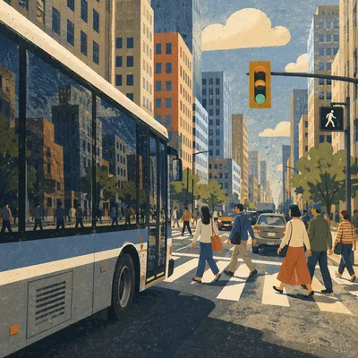 Busy Downtown Crosswalk With City Bus