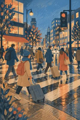 Busy Downtown Crosswalk at Blue Hour