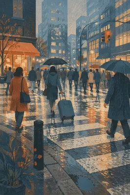 Rainy Blue Hour Downtown Crosswalk Travel Scene
