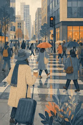 Busy Downtown Crosswalk After Morning Rain
