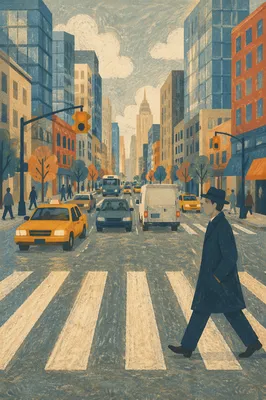 Busy Downtown Crosswalk in Folk Art Style